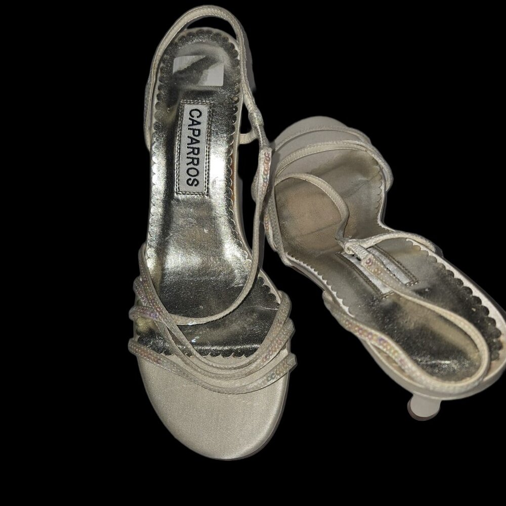 Caparros Women’s Champagne Satin Slingback Pumps – Rhinestone Straps